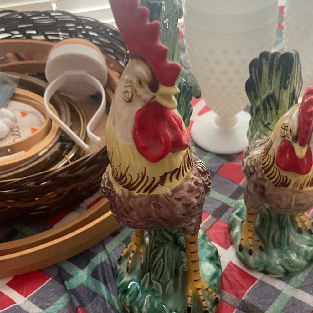Ceramic Rooster Salt and Pepper Shakers - Red, Green, Yellow